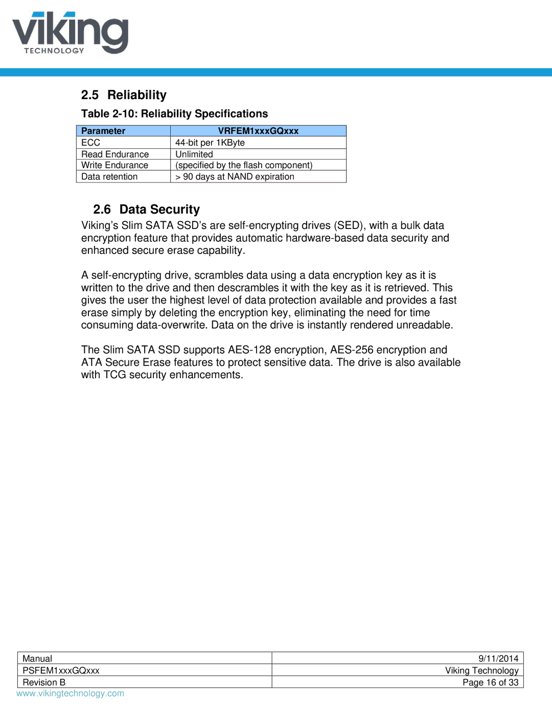Viking PSFEM1xxxGQxxx manual Data Security, Reliability Specifications, Parameter VRFEM1xxxGQxxx, Ecc 