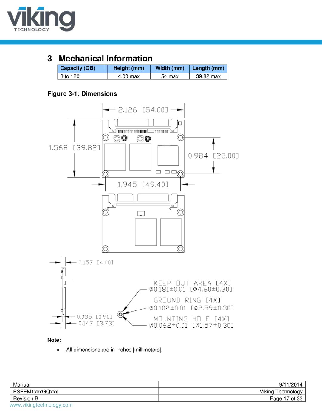 Viking PSFEM1xxxGQxxx manual Mechanical Information, Dimensions 