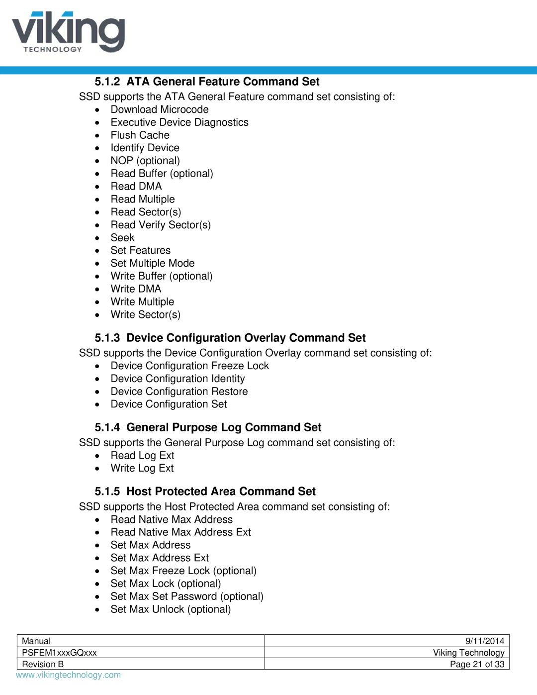 Viking PSFEM1xxxGQxxx manual ATA General Feature Command Set, Device Configuration Overlay Command Set 