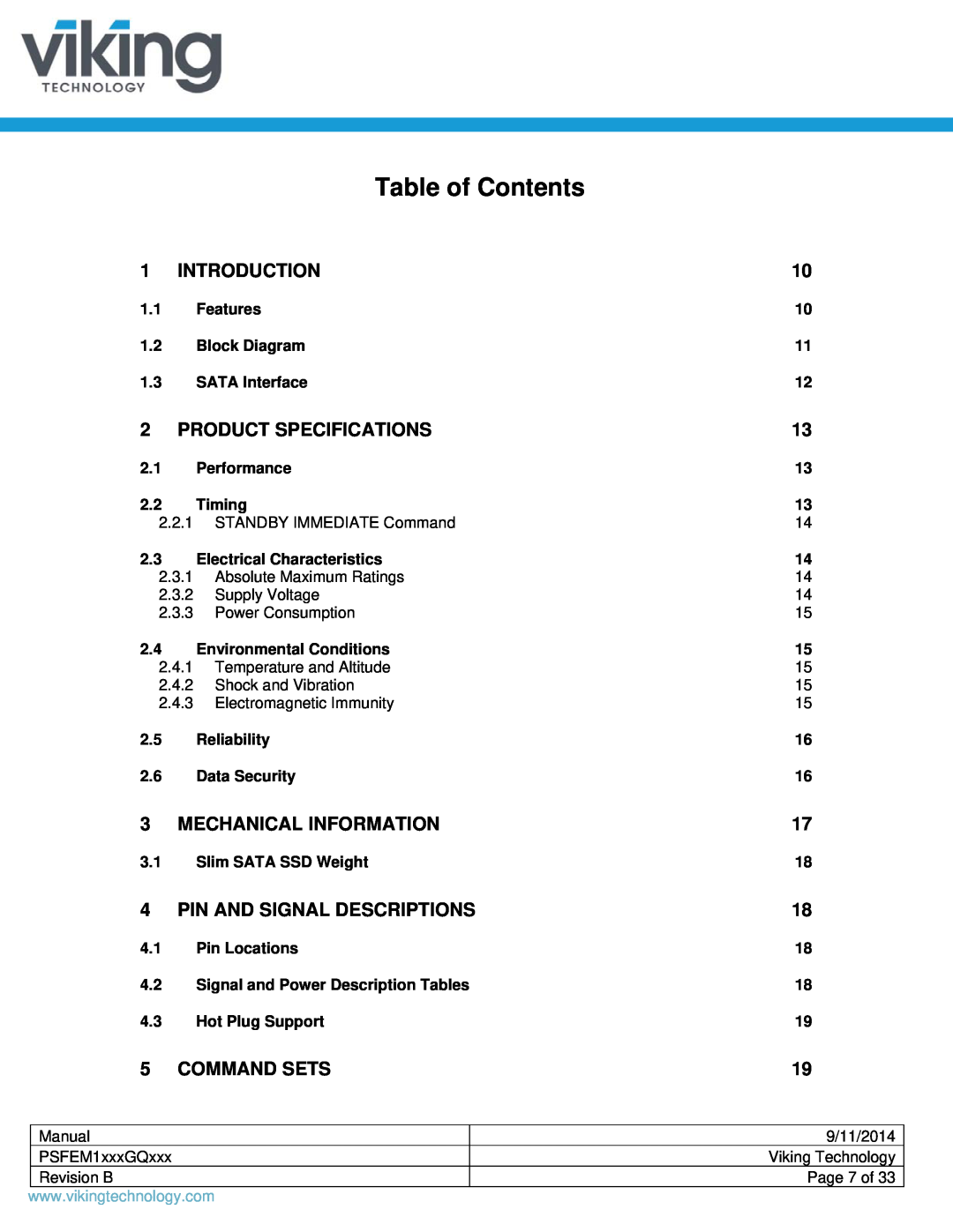Viking PSFEM1xxxGQxxx manual Table of Contents, Introduction, Product Specifications, Mechanical Information, Command Sets 