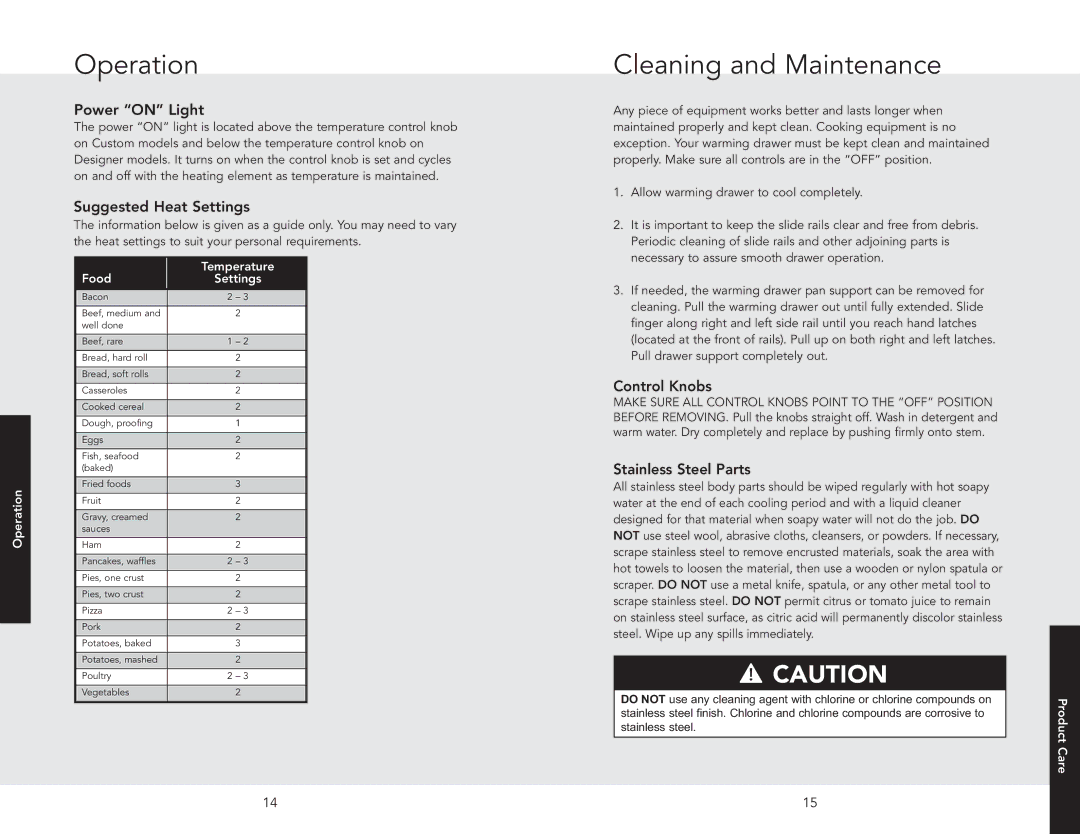 Viking RDEWD103SS Cleaning and Maintenance, Power on Light, Suggested Heat Settings, Control Knobs, Stainless Steel Parts 