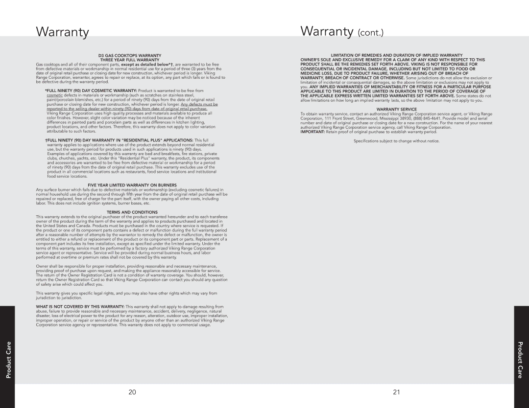 Viking RDGSU2605BSS, RDGSU2005BSS manual D3 GAS Cooktops Warranty Three Year Full Warranty 