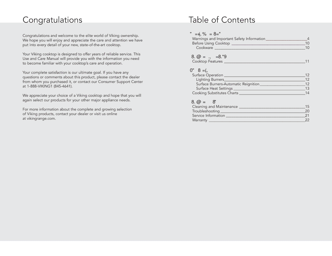 Viking RDGSU2005BSS, RDGSU2605BSS manual Congratulations, Table of Contents 