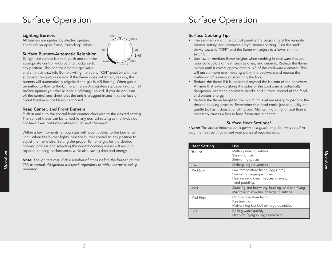 Viking RDGSU2605BSS, RDGSU2005BSS manual Surface Operation 