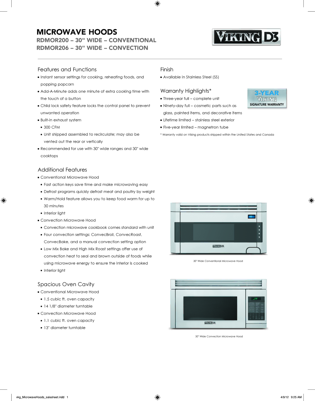 Viking RDMOR200 warranty Features and Functions, Finish, Warranty Highlights, Additional Features, Spacious Oven Cavity 