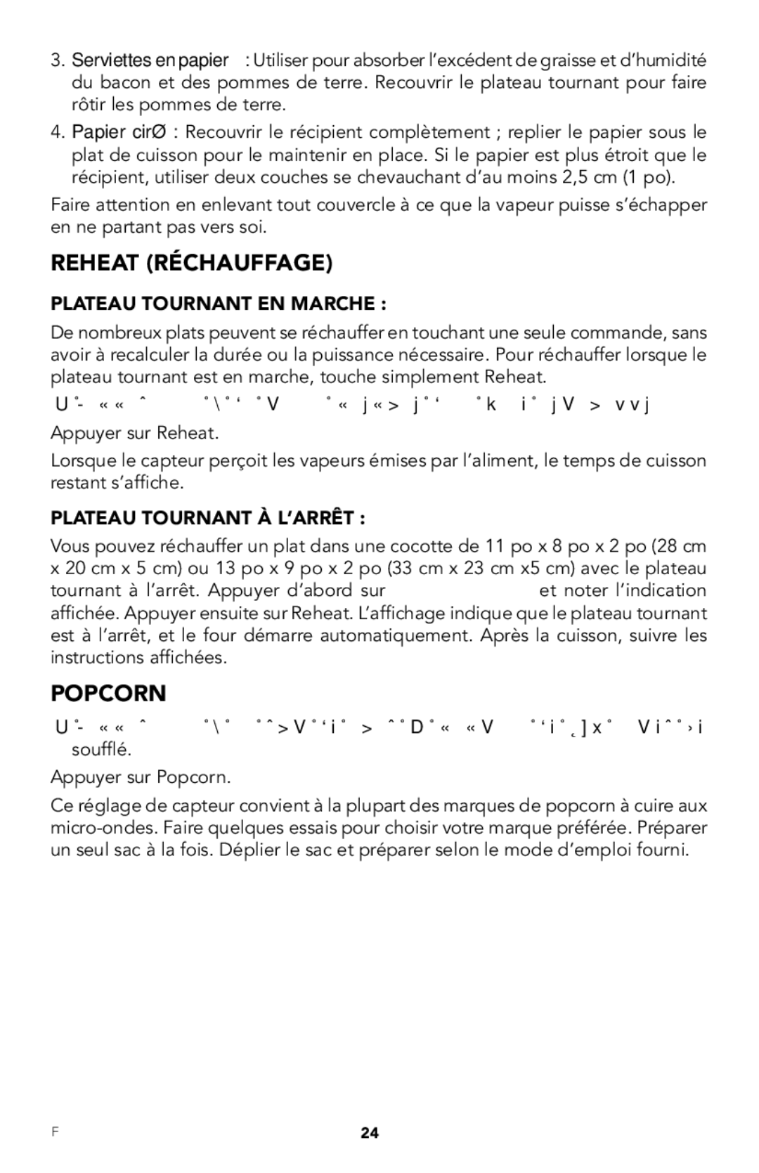 Viking RDMOR206SS manual Reheat Réchauffage, Popcorn, Plateau Tournant À L’ARRÊT 