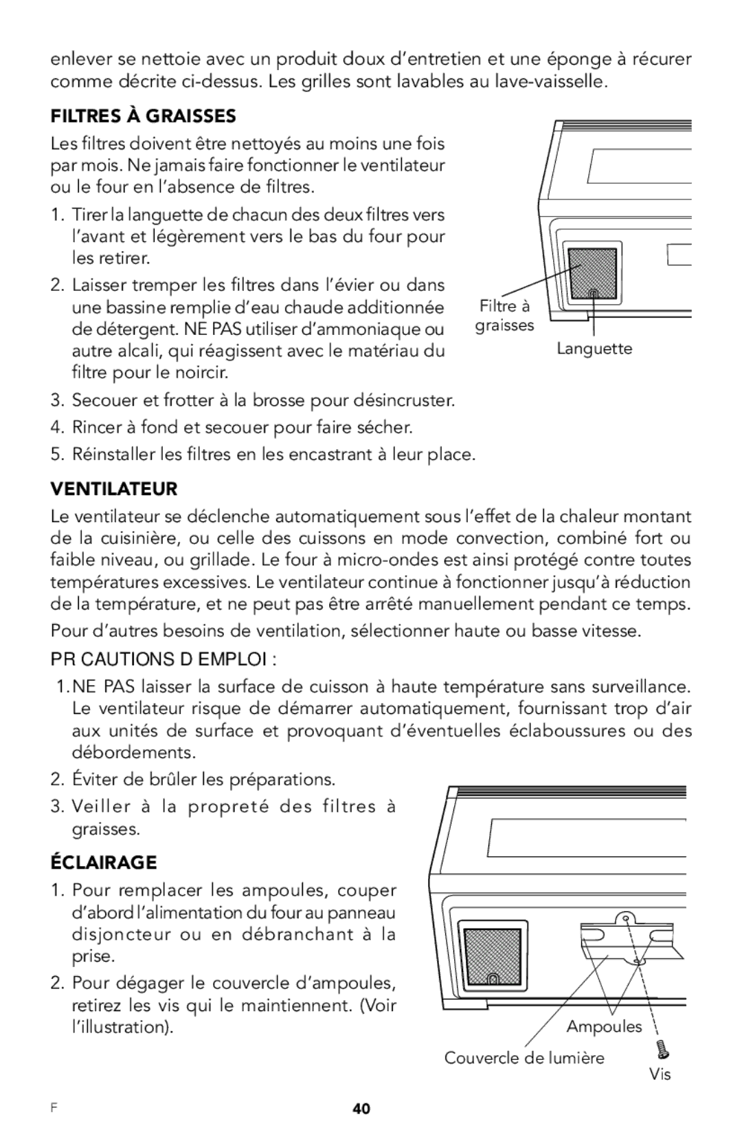 Viking RDMOR206SS manual Filtres À Graisses, Ventilateur, Précautions D’EMPLOI, Éclairage 