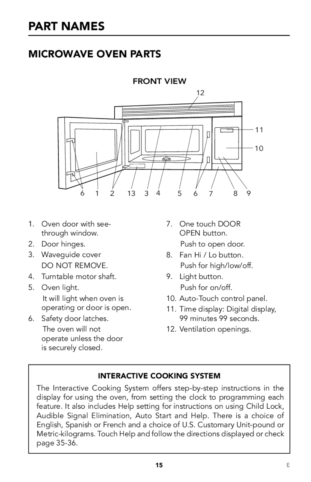 Viking RDMOR206SS manual Part Names, Microwave Oven Parts, Front View, Do not Remove, Interactive Cooking System 