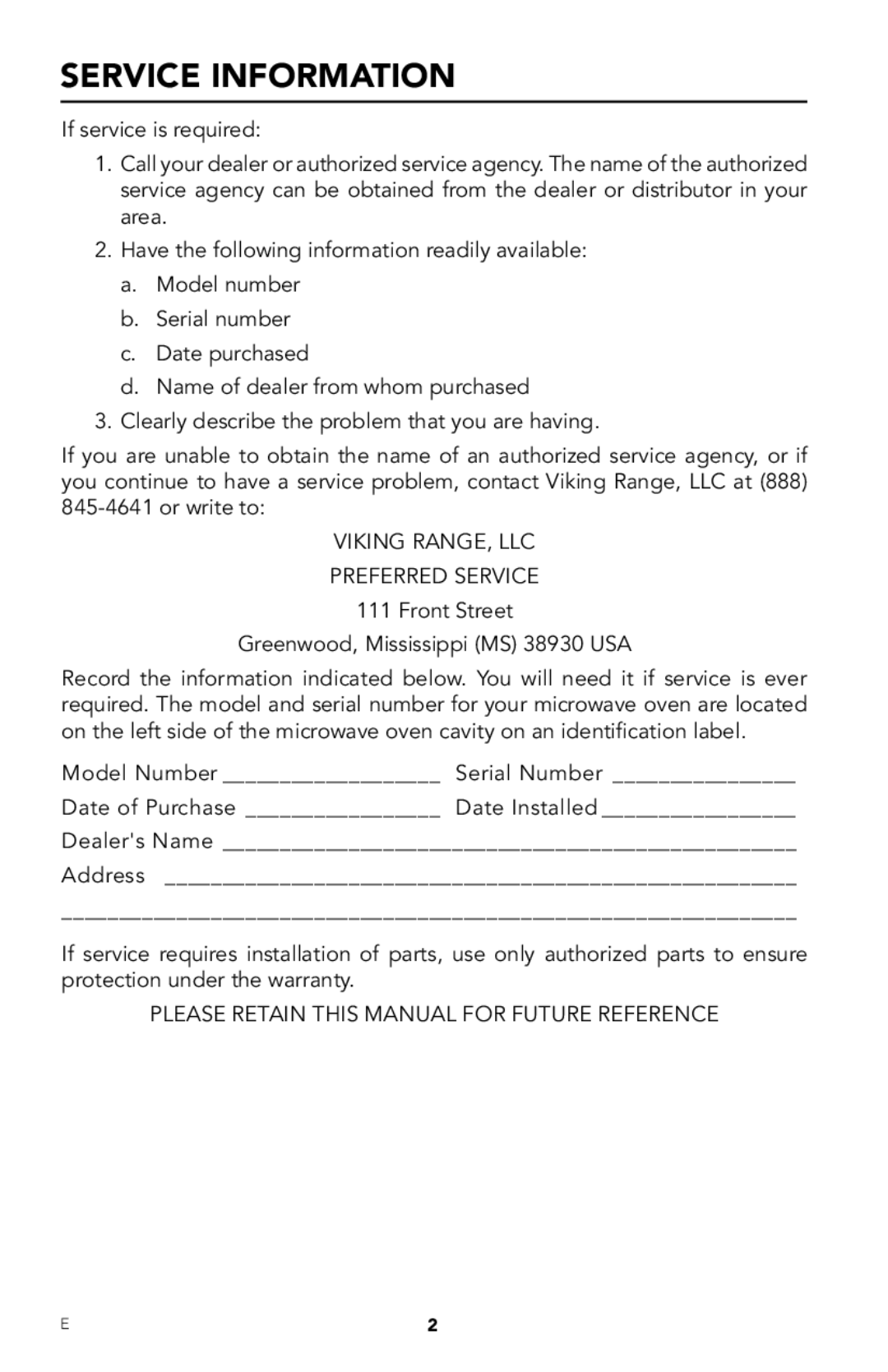 Viking RDMOR206SS manual Service Information, Viking RANGE, LLC Preferred Service, Date of Purchase 