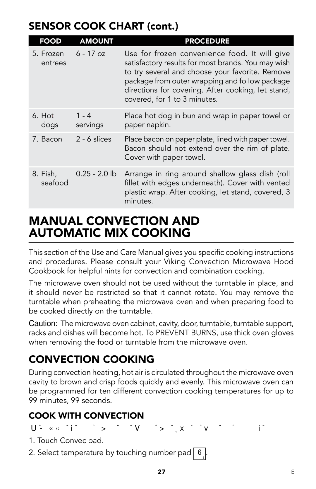 Viking RDMOR206SS manual Manual convection and automatic mix cooking, Convection Cooking 