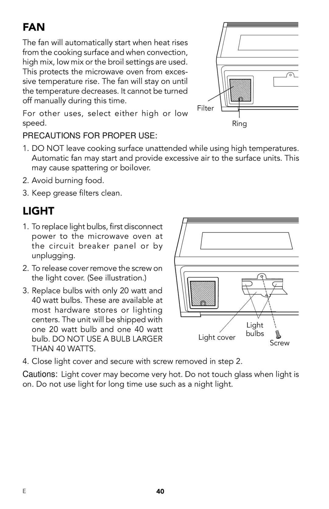 Viking RDMOR206 manual Fan, Light, Precautions for Proper USE, Close light cover and secure with screw removed in step 