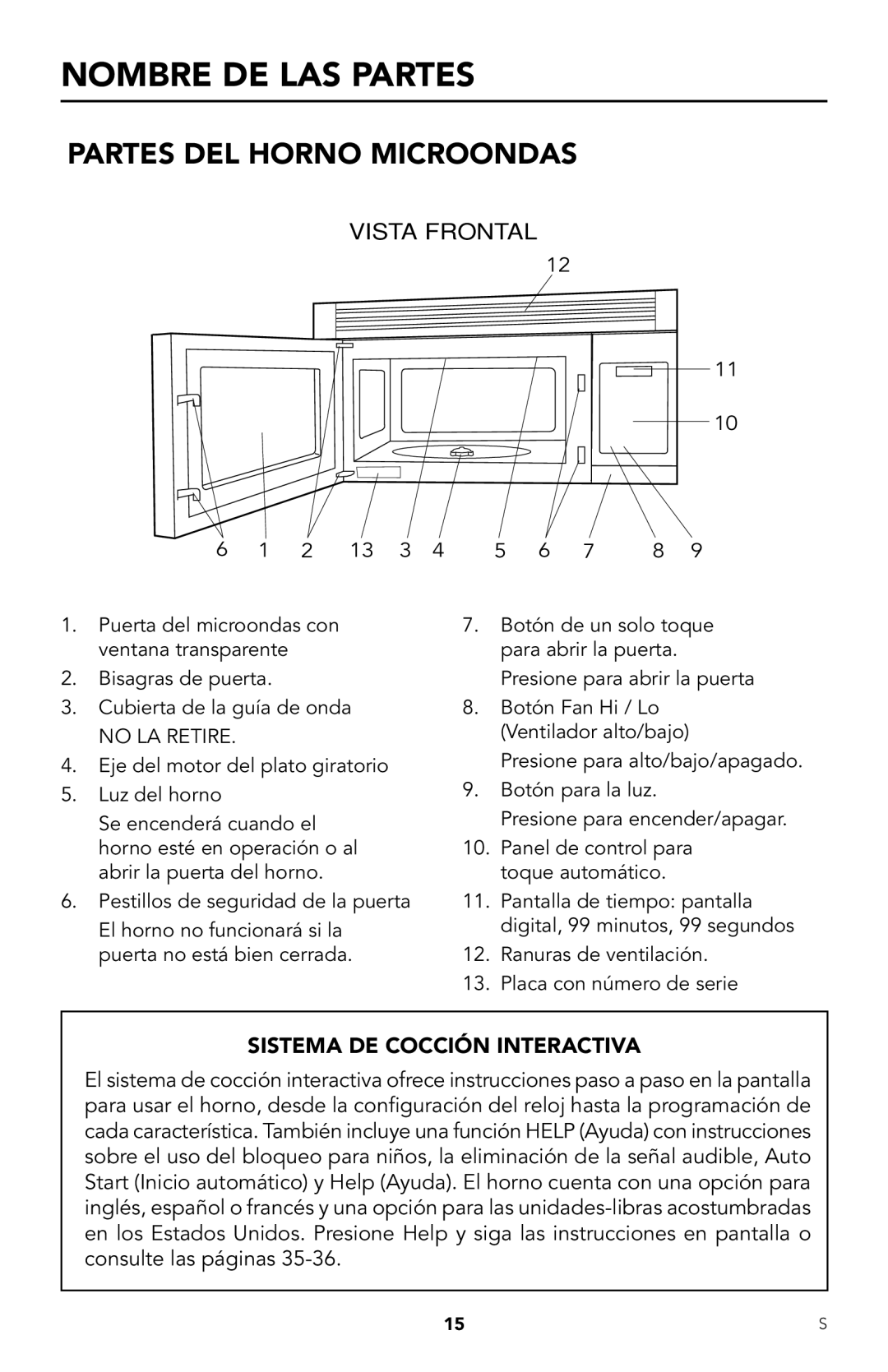 Viking RDMOR206 manual Nombre DE LAS Partes, Partes DEL Horno Microondas, Vista Frontal, Sistema DE Cocción Interactiva 