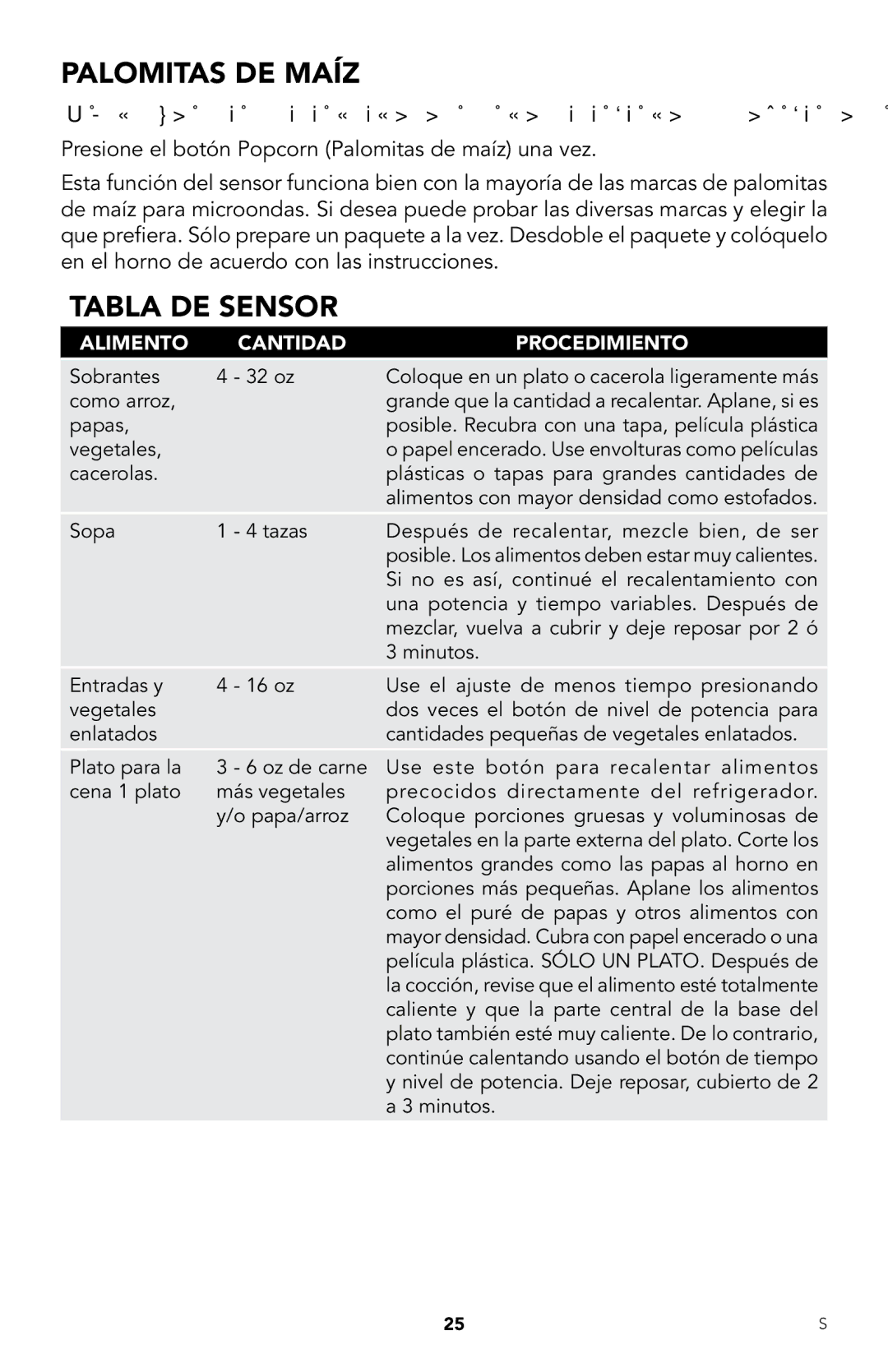 Viking RDMOR206SS manual Palomitas DE Maíz, Tabla DE Sensor 