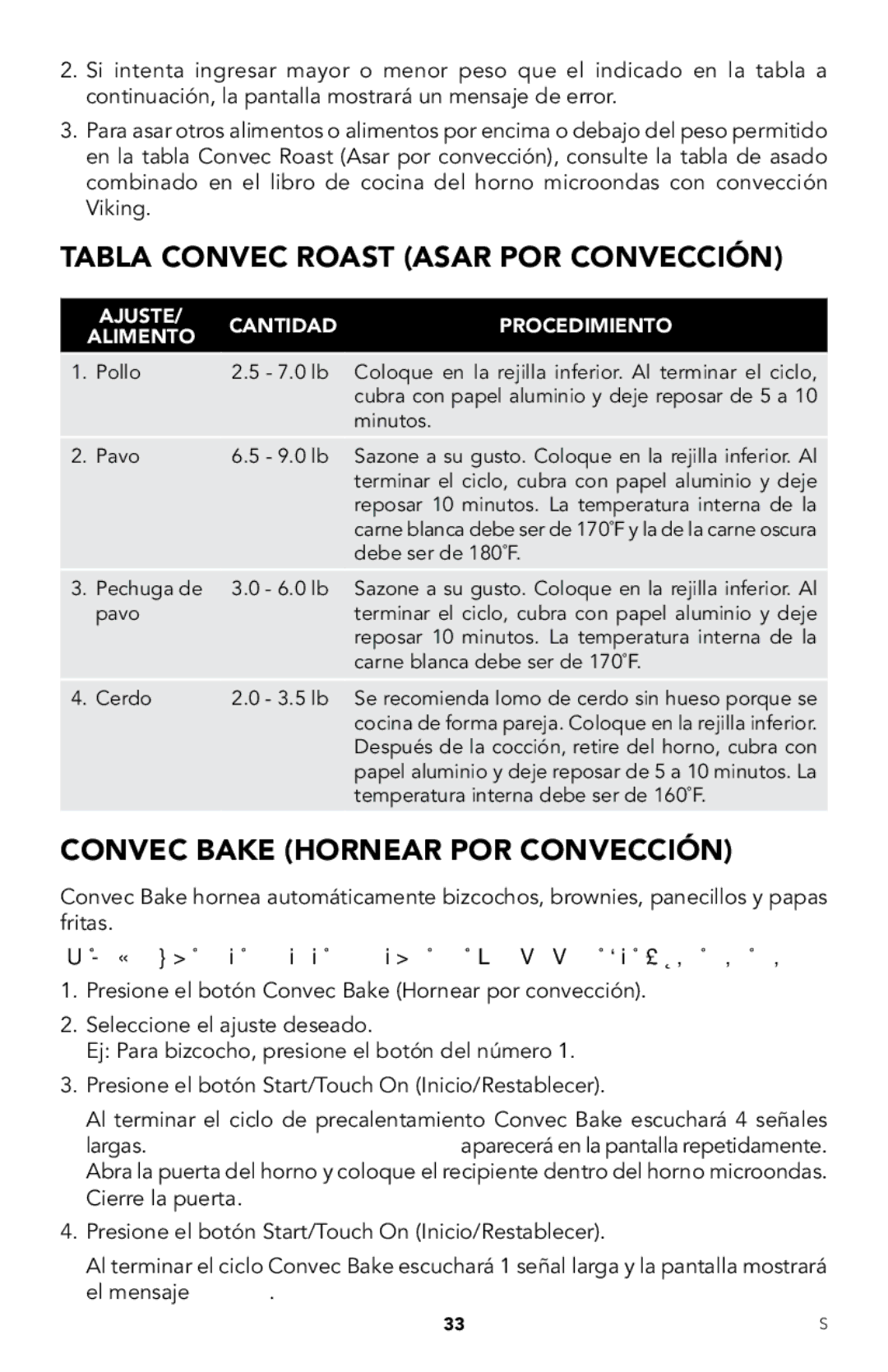 Viking RDMOR206SS manual Tabla Convec Roast Asar POR Convección, Convec Bake Hornear POR Convección 