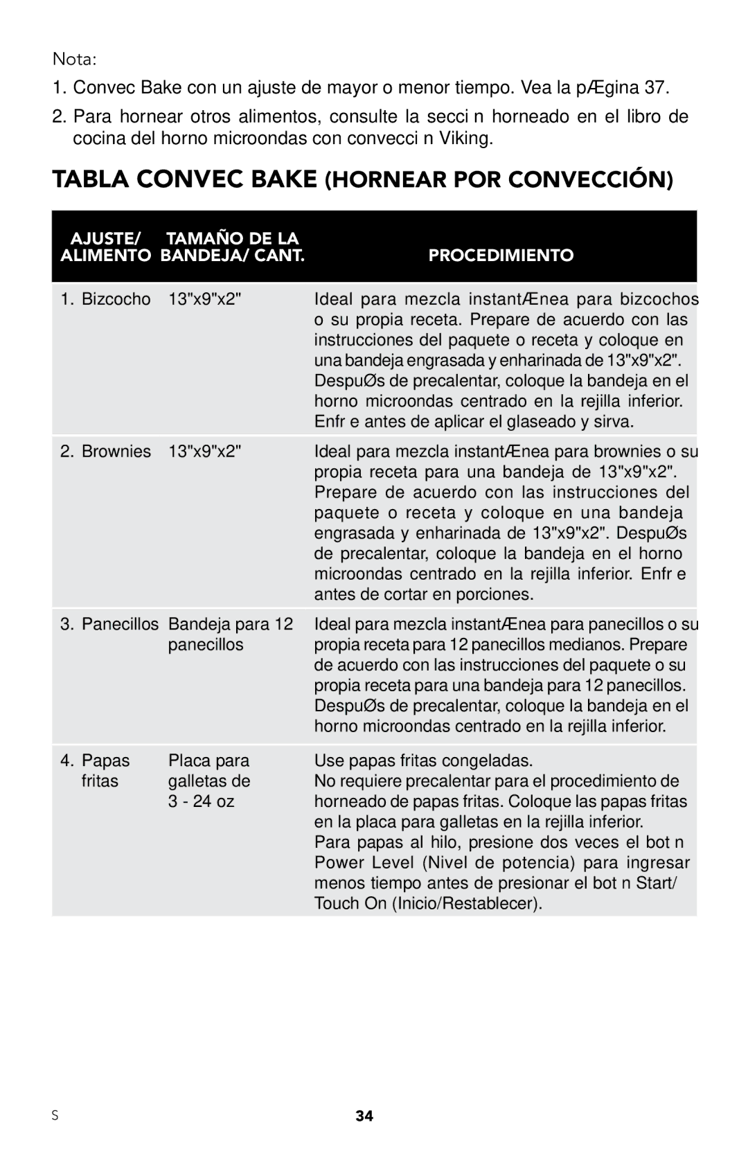 Viking RDMOR206SS manual Tabla Convec Bake Hornear POR Convección, Ajuste Tamaño DE LA Alimento BANDEJA/ Cant Procedimiento 