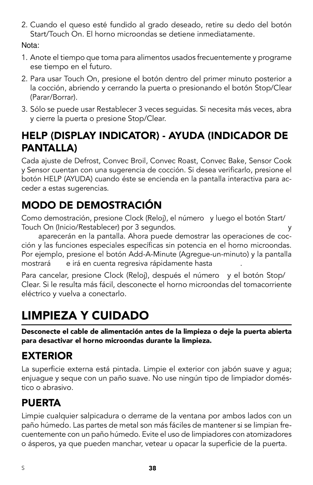 Viking RDMOR206SS Limpieza Y Cuidado, Help Display Indicator Ayuda Indicador DE Pantalla, Modo DE Demostración, Exterior 