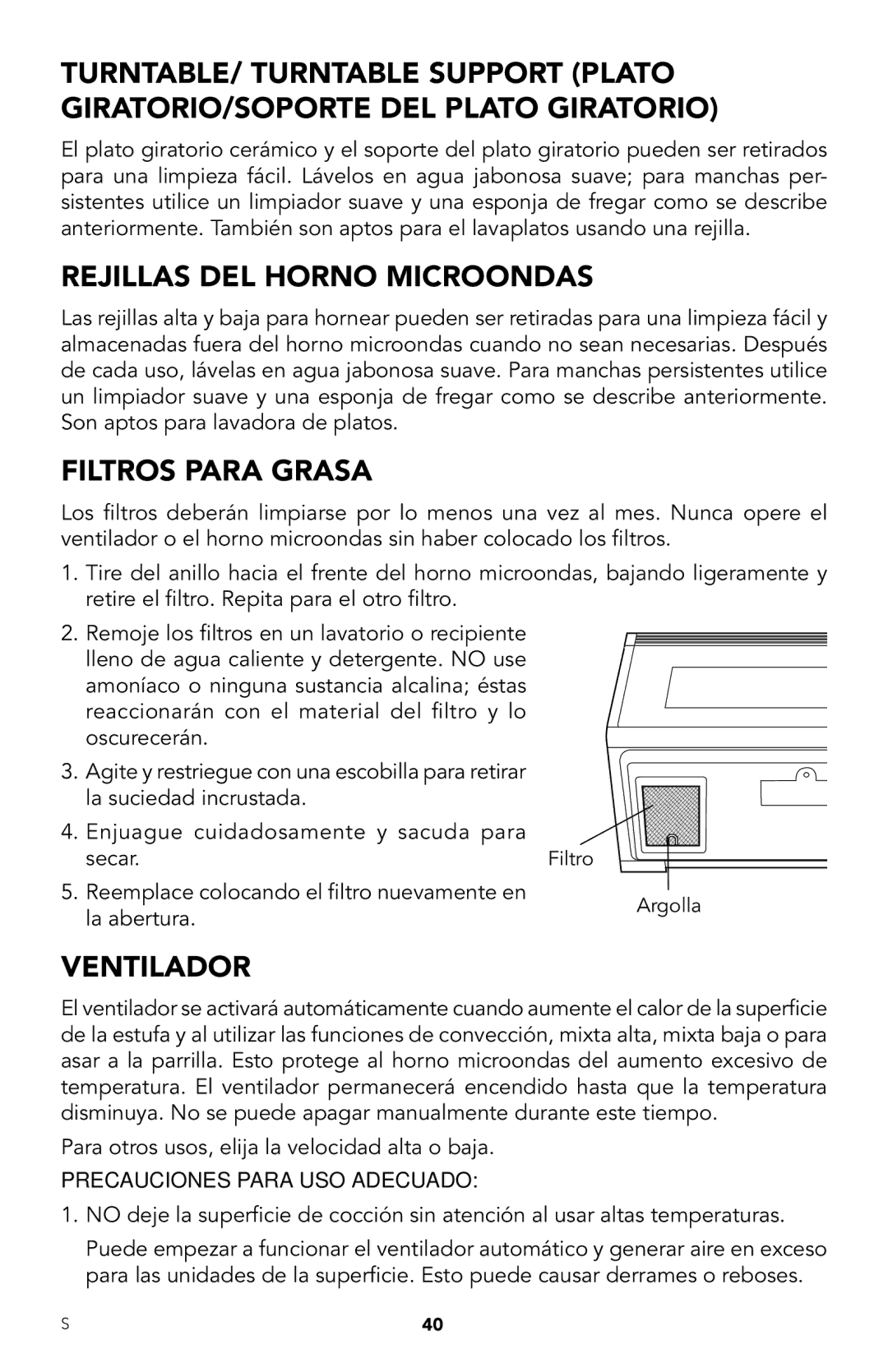 Viking RDMOR206SS manual Rejillas DEL Horno Microondas, Filtros Para Grasa, Ventilador, Precauciones Para USO Adecuado 