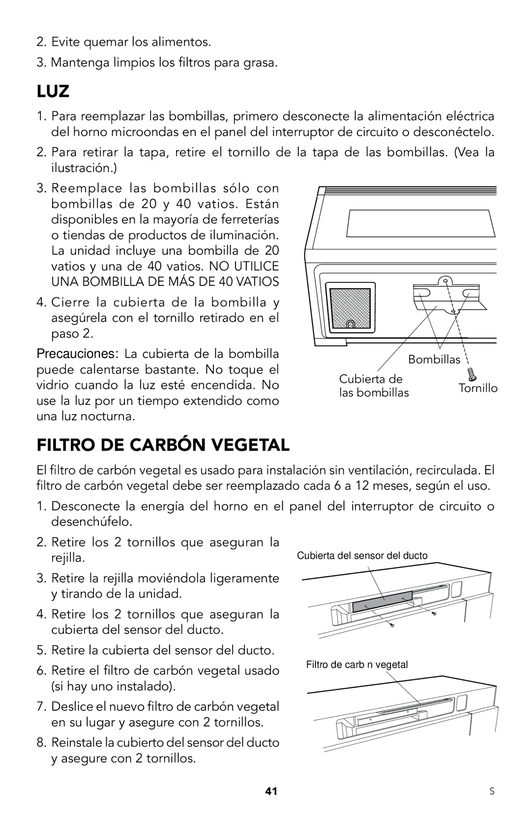 Viking RDMOR206SS manual Luz, Filtro DE Carbón Vegetal 