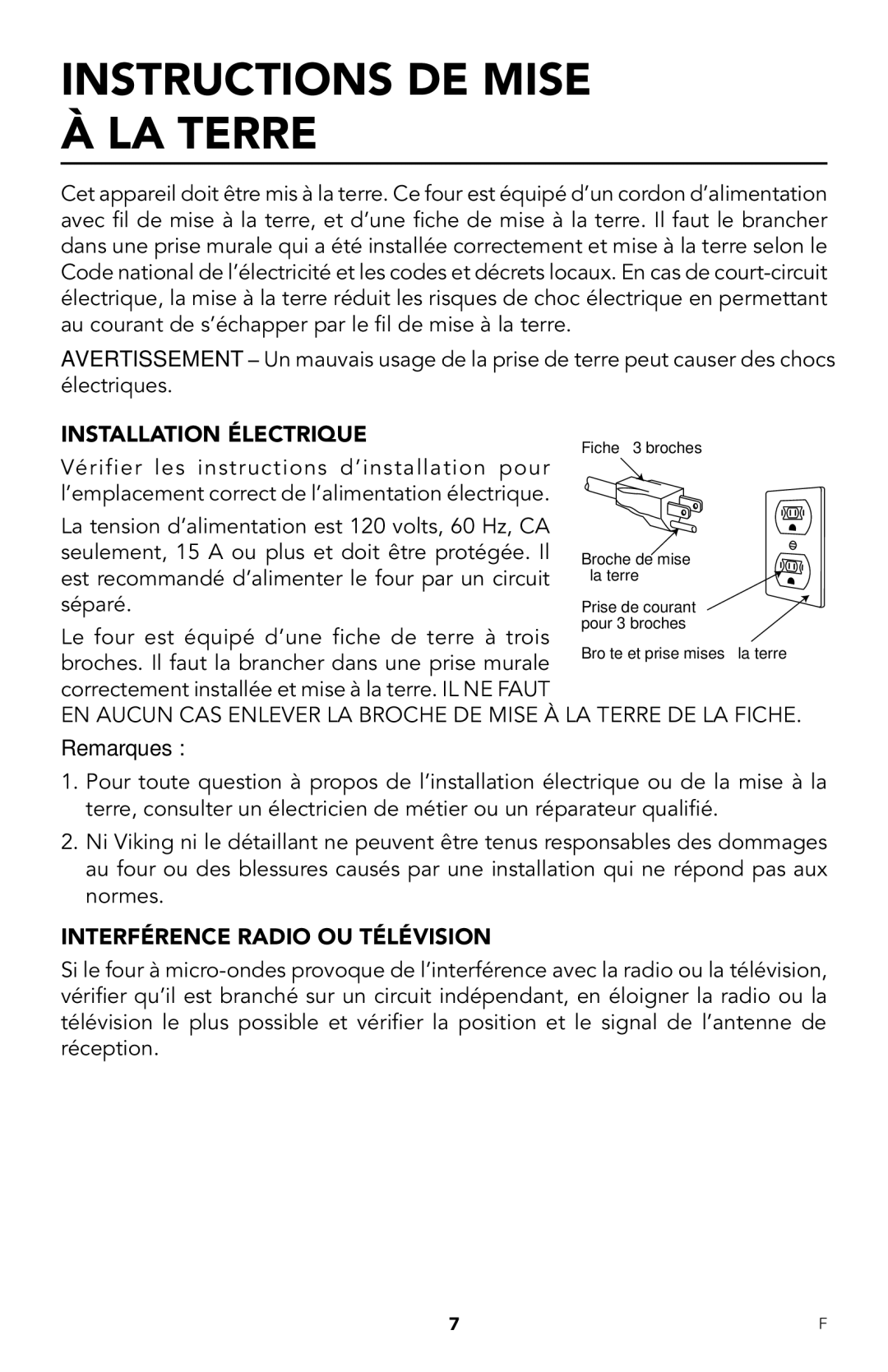 Viking RDMOR206SS manual Instructions de mise à la terre 