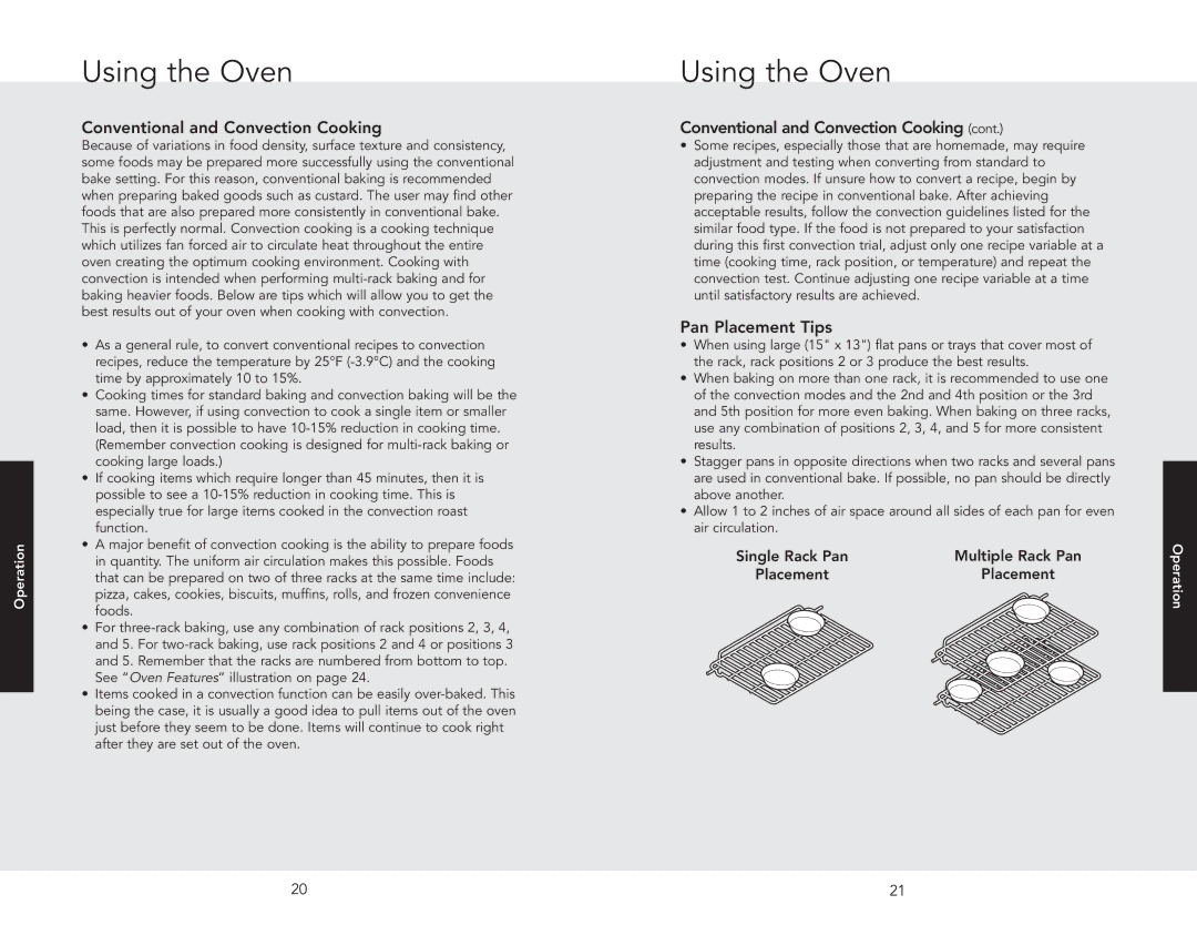 Viking RDSCD2305BSS manual Conventional and Convection Cooking, Pan Placement Tips 