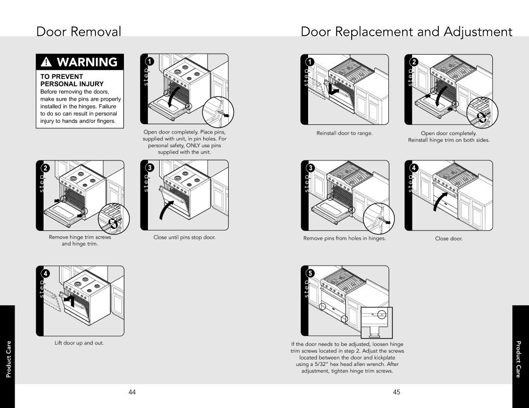 Viking RDSCD2305BSS manual Door Removal, Door Replacement and Adjustment, To Prevent Personal Injury 