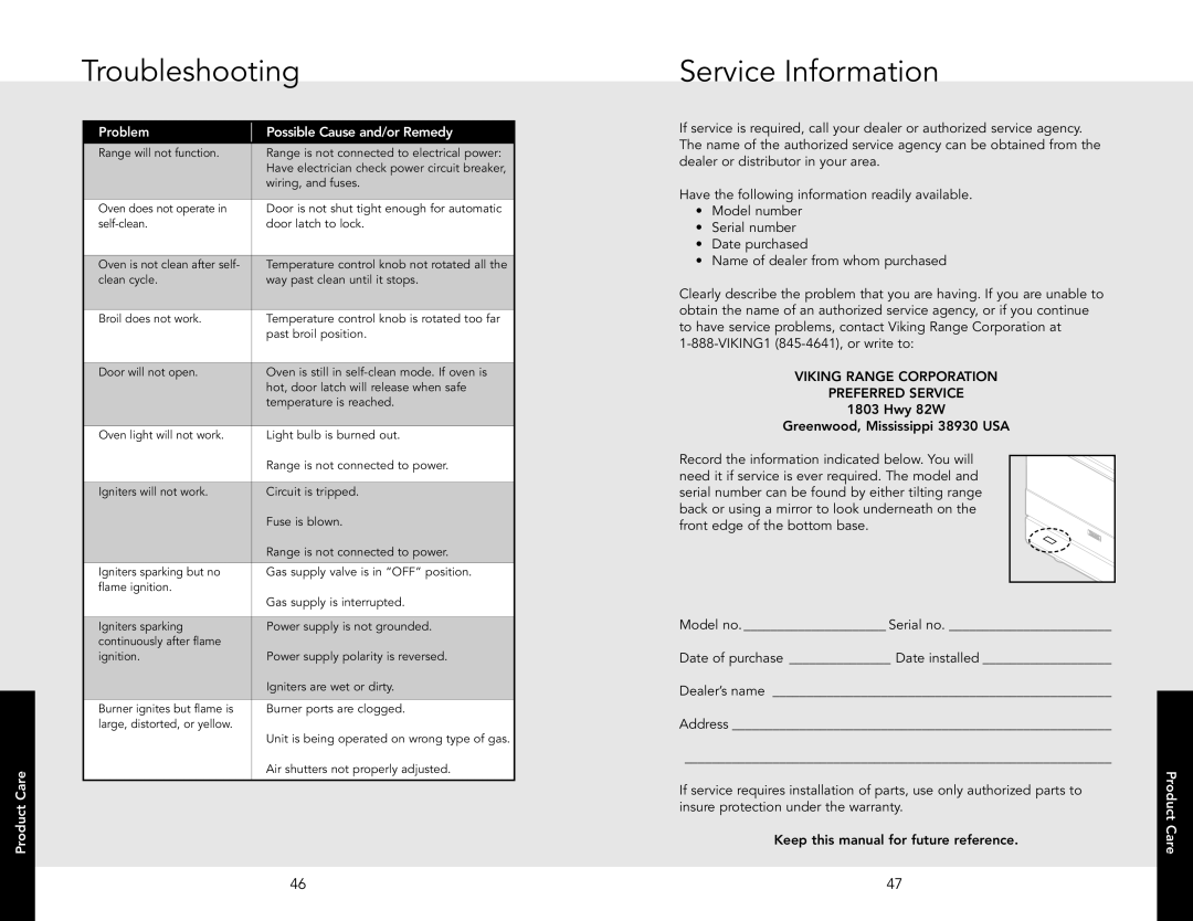 Viking RDSCD2305BSS manual Troubleshooting, Service Information 