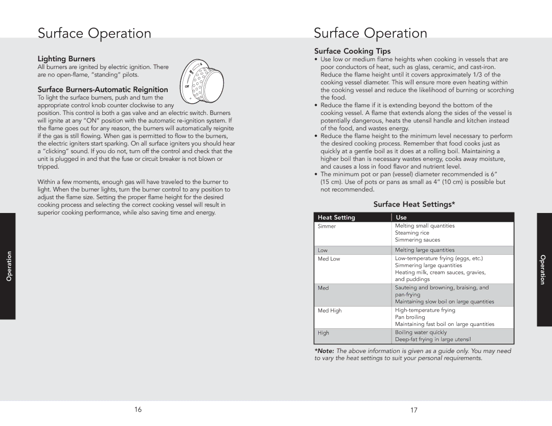 Viking RDSCD2305BSS manual Surface Operation, Lighting Burners, Surface Cooking Tips, Surface Heat Settings 