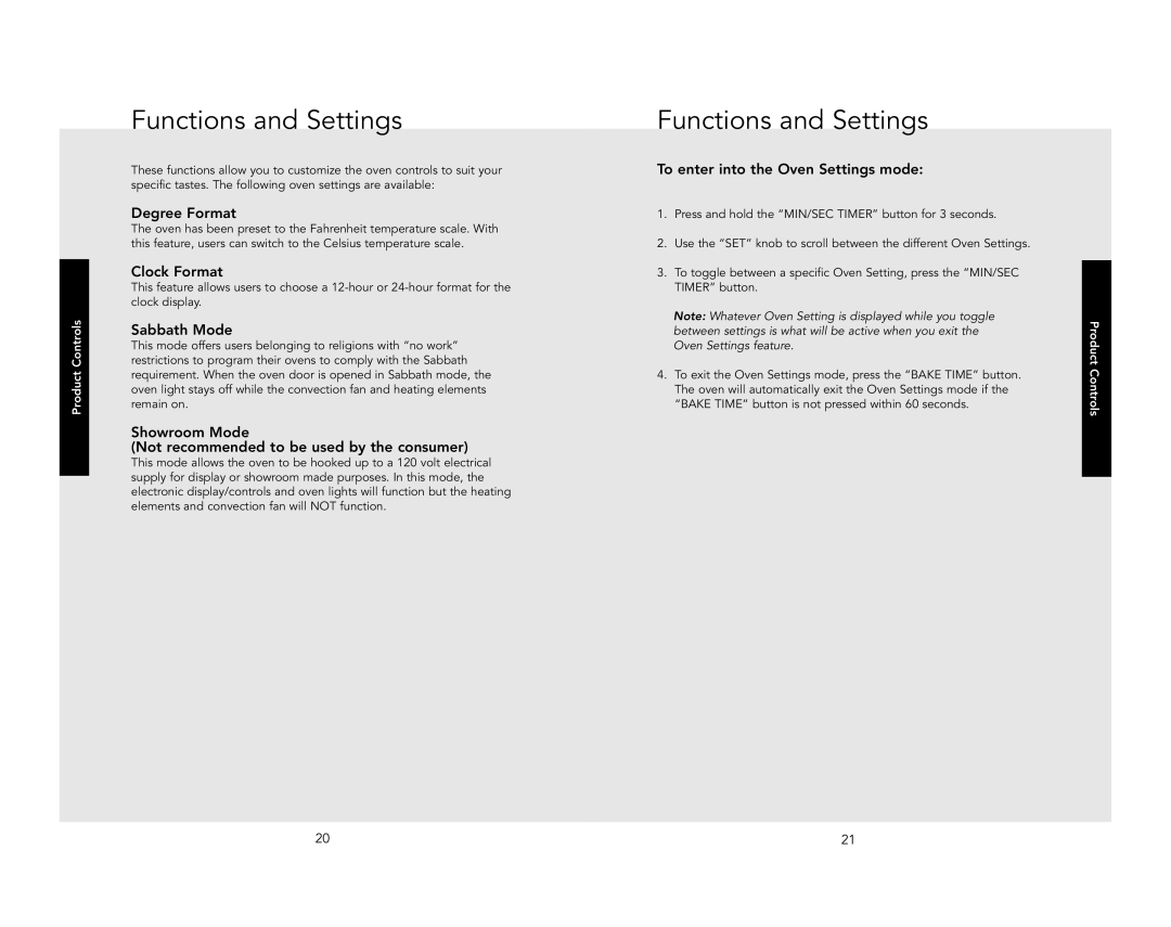 Viking RDDOE306SS, RDSOE306SS manual Functions and Settings 