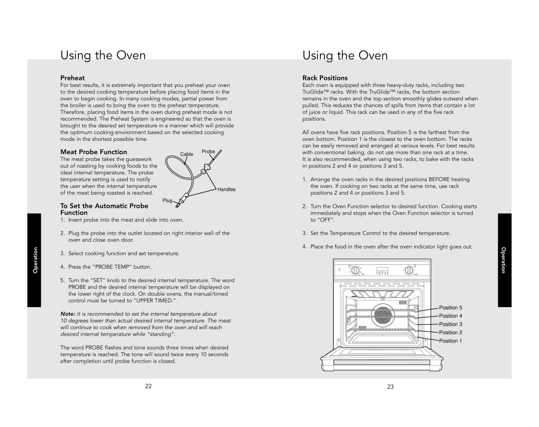 Viking RDSOE306SS manual Using the Oven, Preheat, Meat Probe Function, Rack Positions, To Set the Automatic Probe Function 