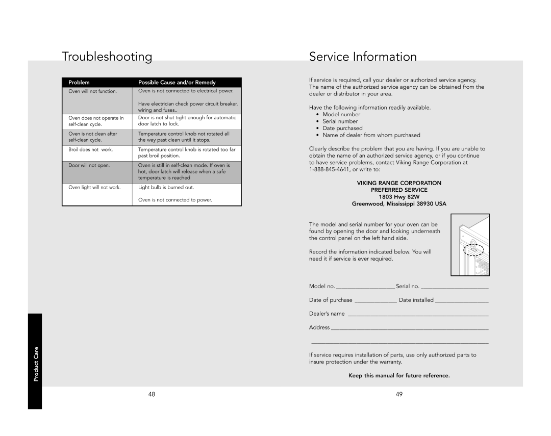 Viking RDSOE306SS, RDDOE306SS manual Troubleshooting, Service Information 