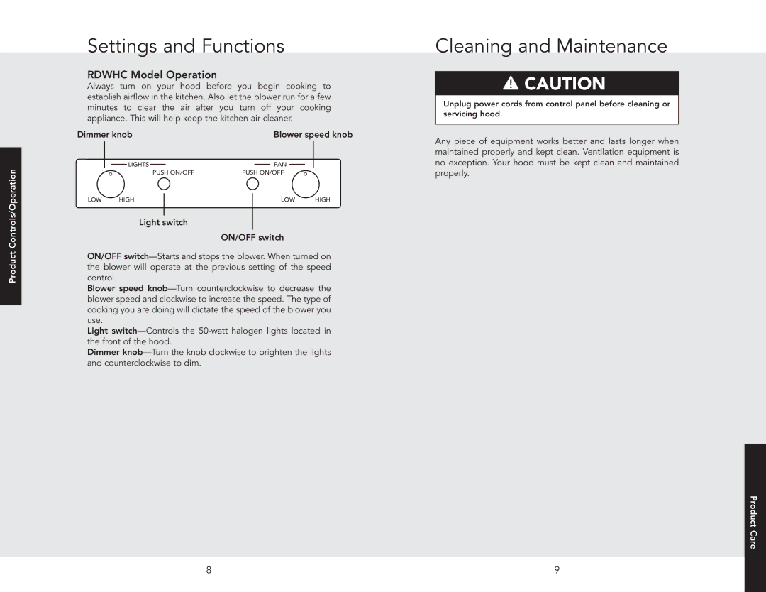 Viking RDWHC3042SS manual Settings and Functions, Cleaning and Maintenance, Rdwhc Model Operation 