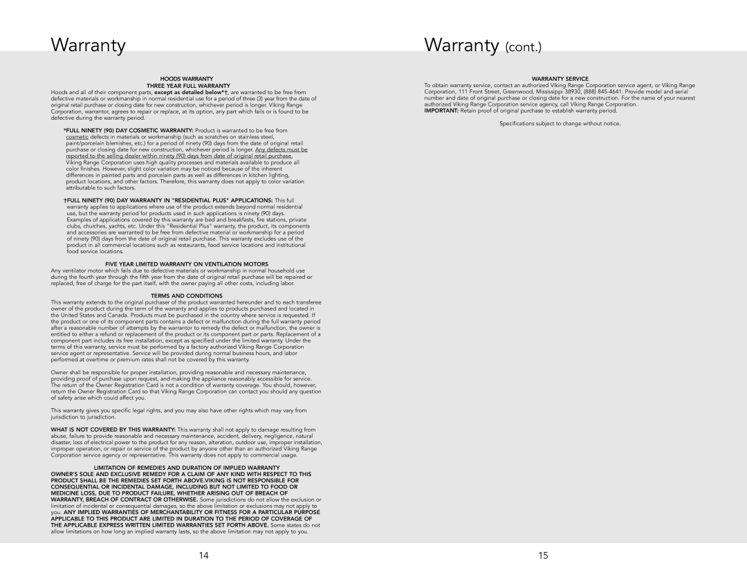 Viking RDWHC3042SS manual Hoods Warranty Three Year Full Warranty 