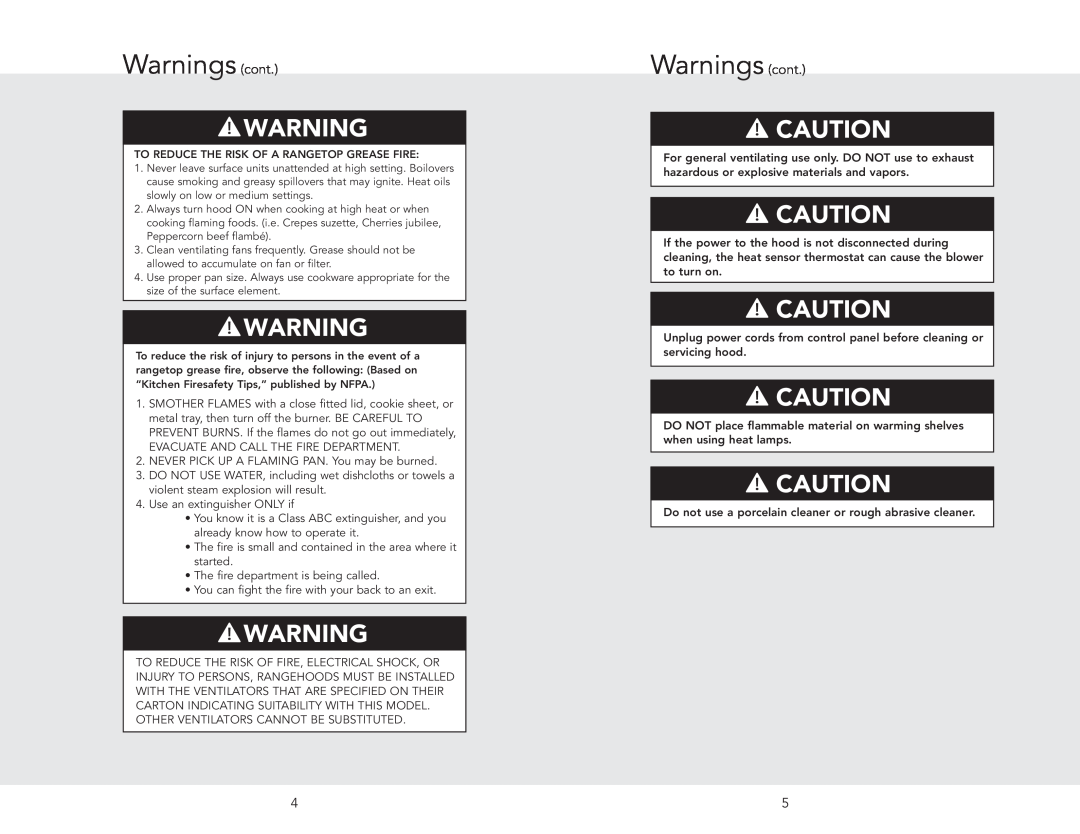 Viking RDWHC3042SS manual Warnings cont, To Reduce The Risk Of A Rangetop Grease Fire 