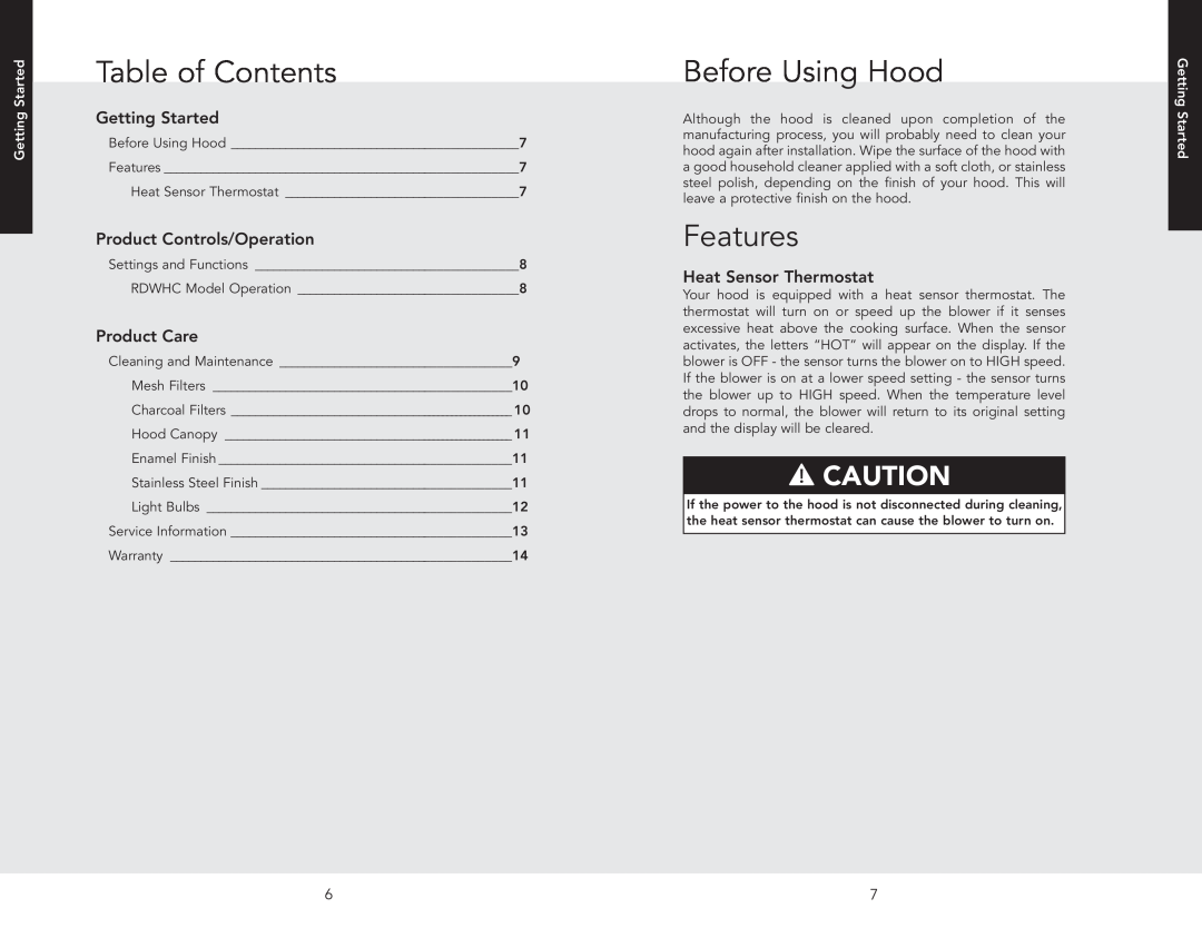 Viking RDWHC3042SS manual Table of Contents, Before Using Hood, Features, Getting Started, Product Controls/Operation 