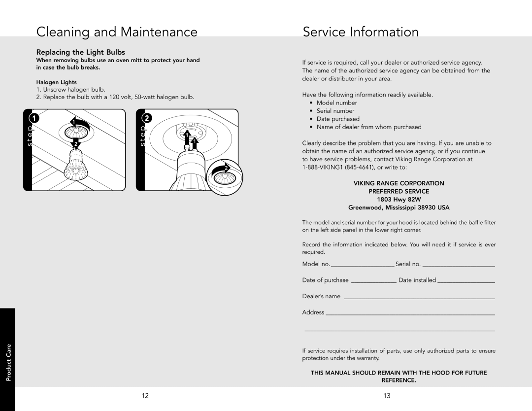 Viking RDWHC3042SS manual Service Information, Replacing the Light Bulbs, Cleaning and Maintenance, Product Care 