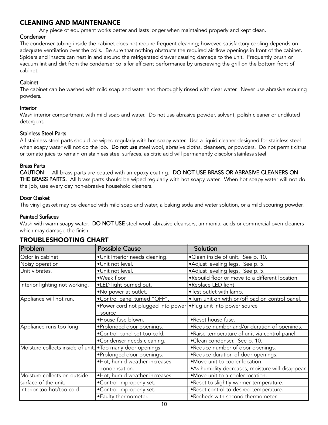 Viking Refrigerator Drawer manual Cleaning and Maintenance, Troubleshooting Chart 