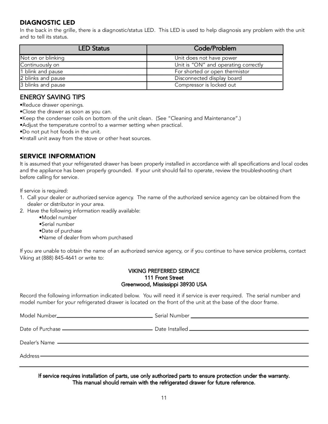 Viking Refrigerator Drawer manual Diagnostic LED, Service Information 