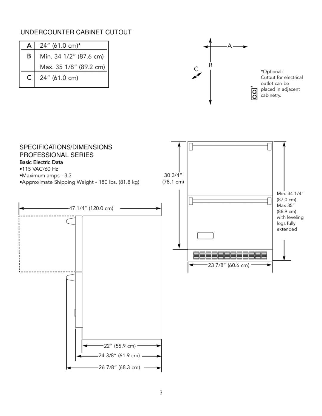 Viking Refrigerator Drawer manual Undercounter Cabinet Cutout, SPECIFICATIONS/DIMENSIONS Professional Series 