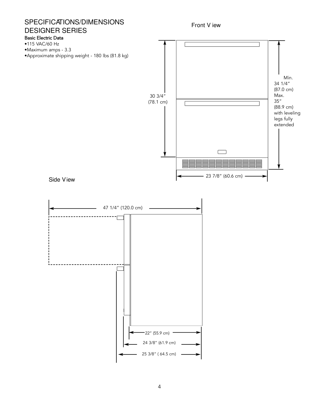 Viking Refrigerator Drawer manual SPECIFICATIONS/DIMENSIONS Designer Series 