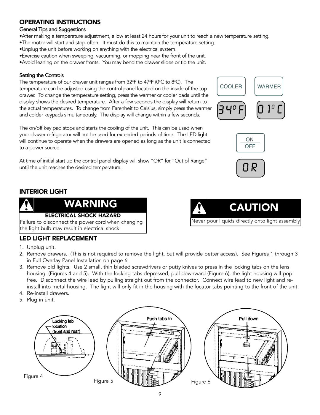 Viking Refrigerator Drawer manual Operating Instructions, Interior Light, LED Light Replacement 