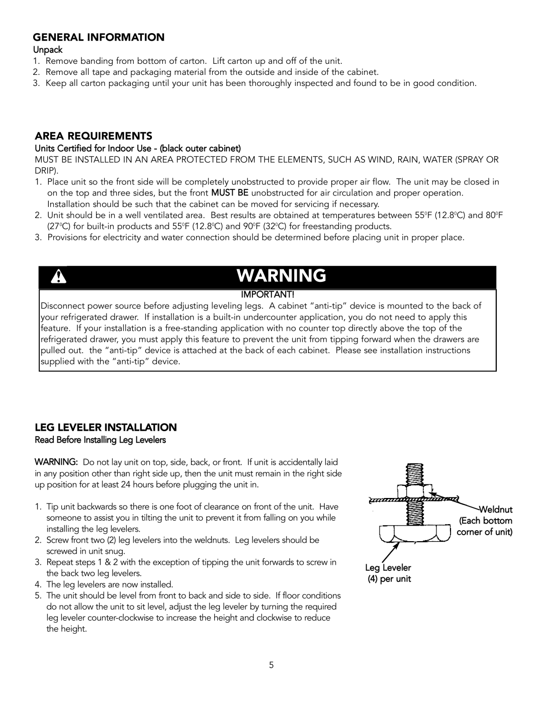 Viking Refrigerator Drawer manual General Information, Area Requirements, Leg Leveler Installation 