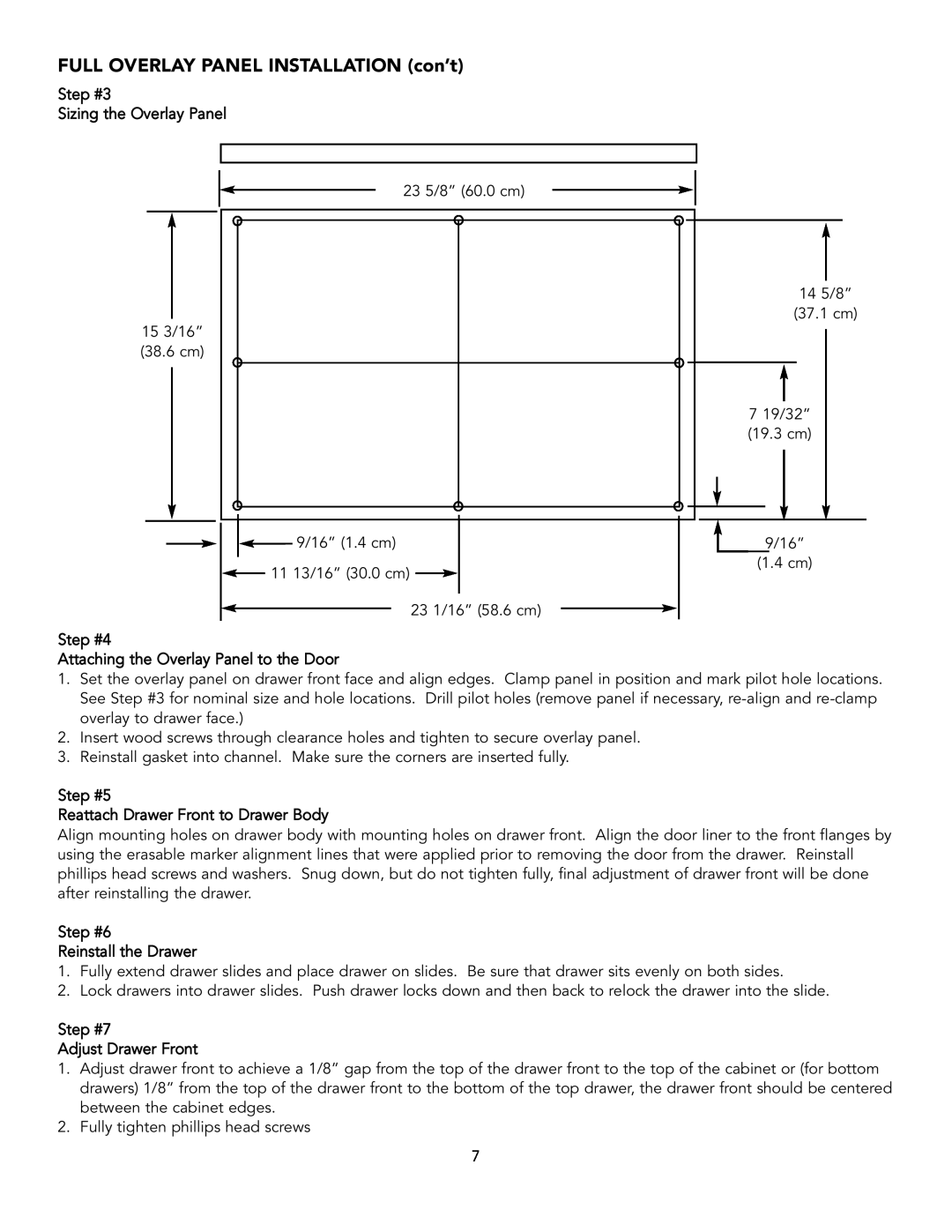 Viking Refrigerator Drawer manual FULL OVERLAY PANEL INSTALLATION con’t 