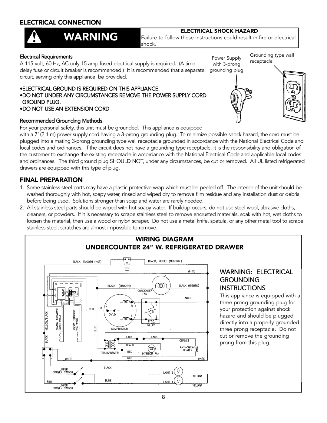 Viking Refrigerator Drawer manual Electrical Connection, Final Preparation, Warning Electrical Grounding Instructions 