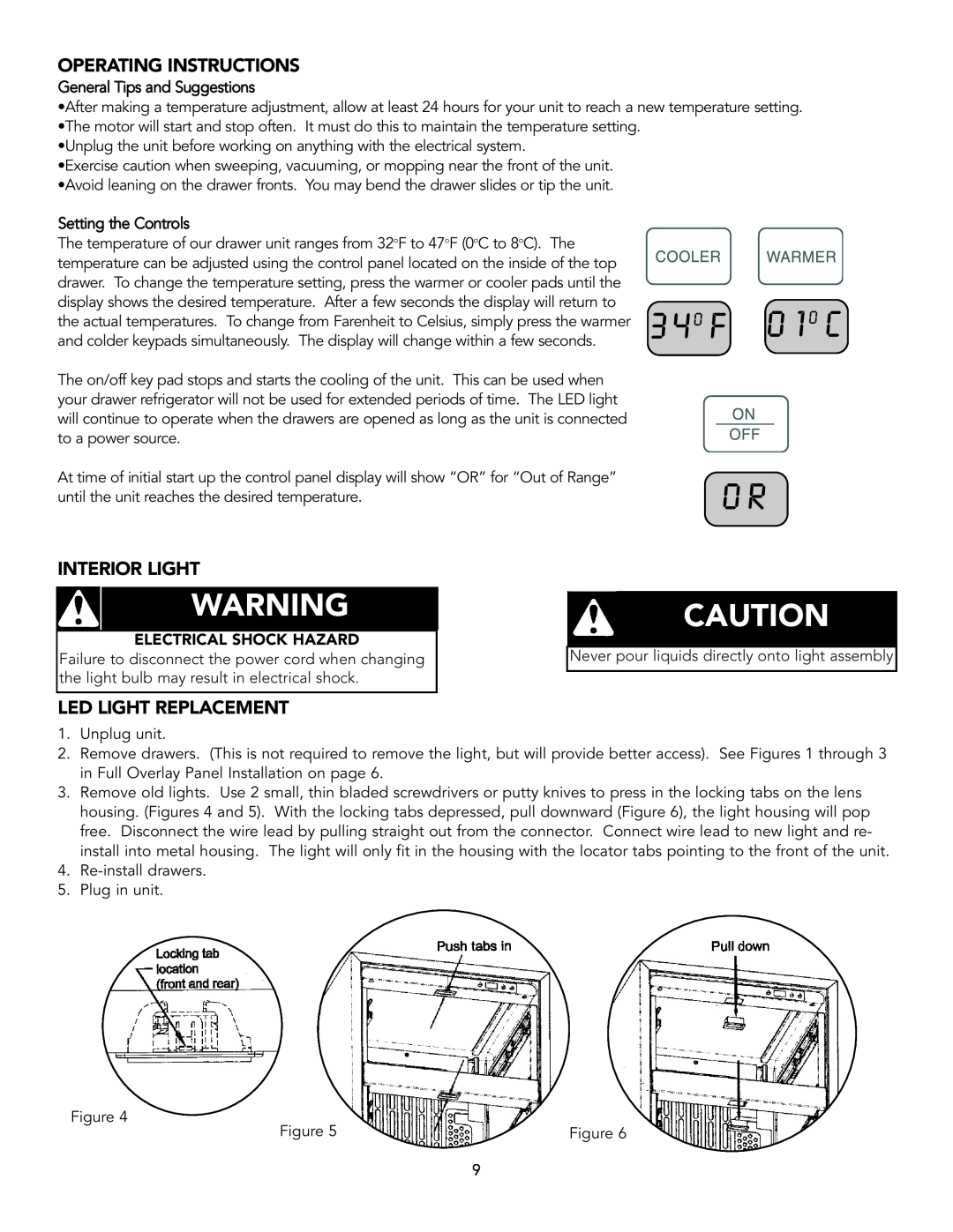 Viking Refrigerator Drawer manual Operating Instructions, Interior Light, Led Light Replacement, 34oF 01oC OR 