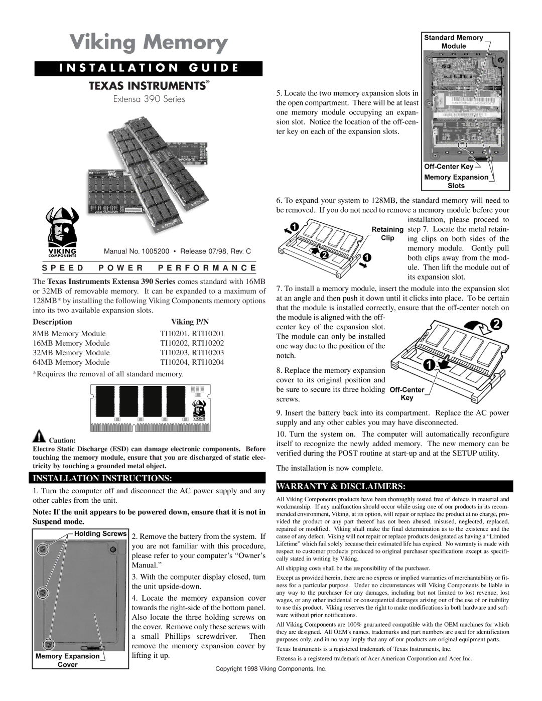 Viking TI10201 installation instructions Viking Memory, Installation G U I D E, Texas Instruments, Warranty & Disclaimers 