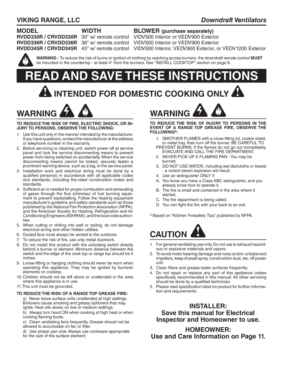 Viking RVDD336R, RVDD345R, RVDD330R warranty Intended for Domestic Cooking only, Evacuate and Call the Fire Department 