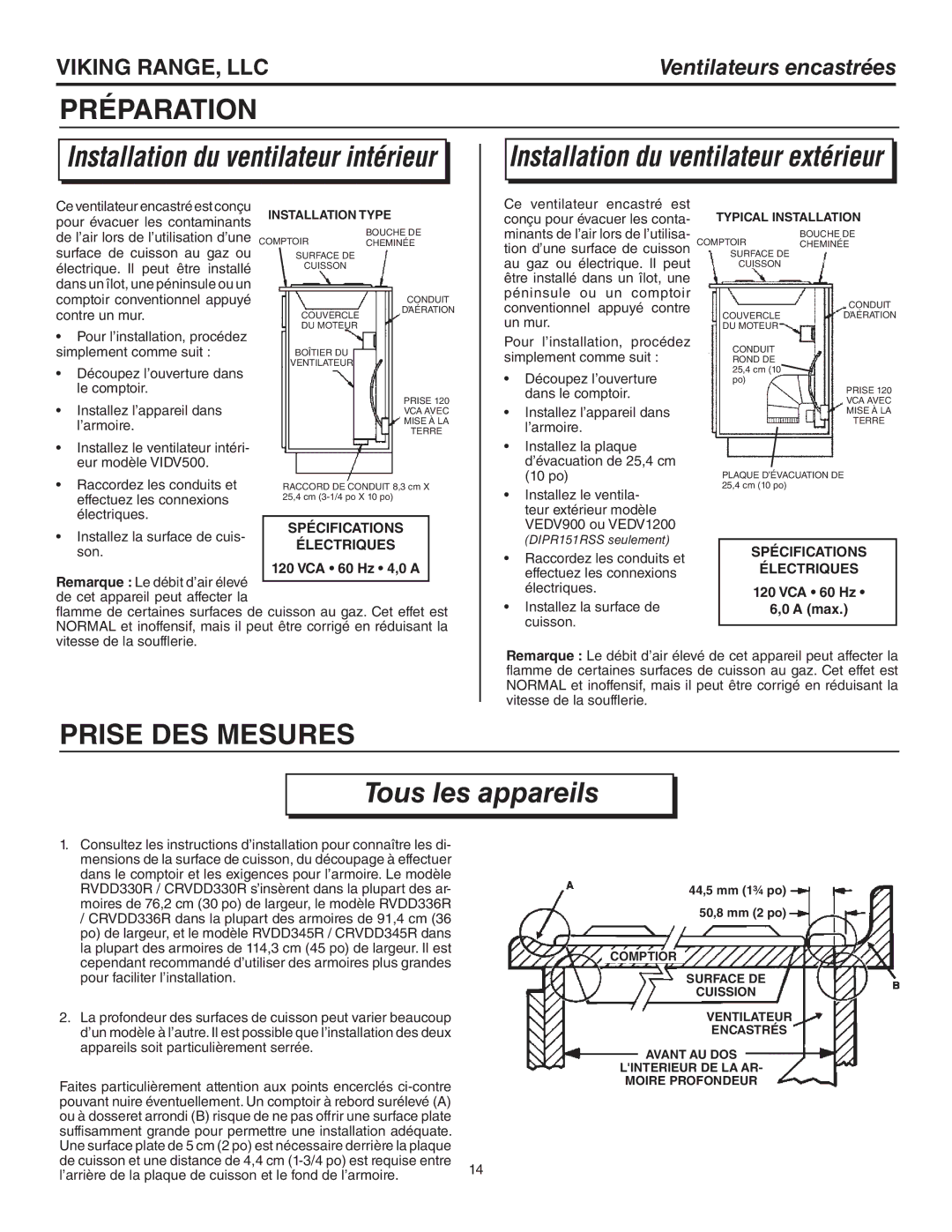 Viking RVDD330R, RVDD345R, RVDD336R warranty Préparation, Prise DES Mesures, Tous les appareils, Spécifications, Électriques 