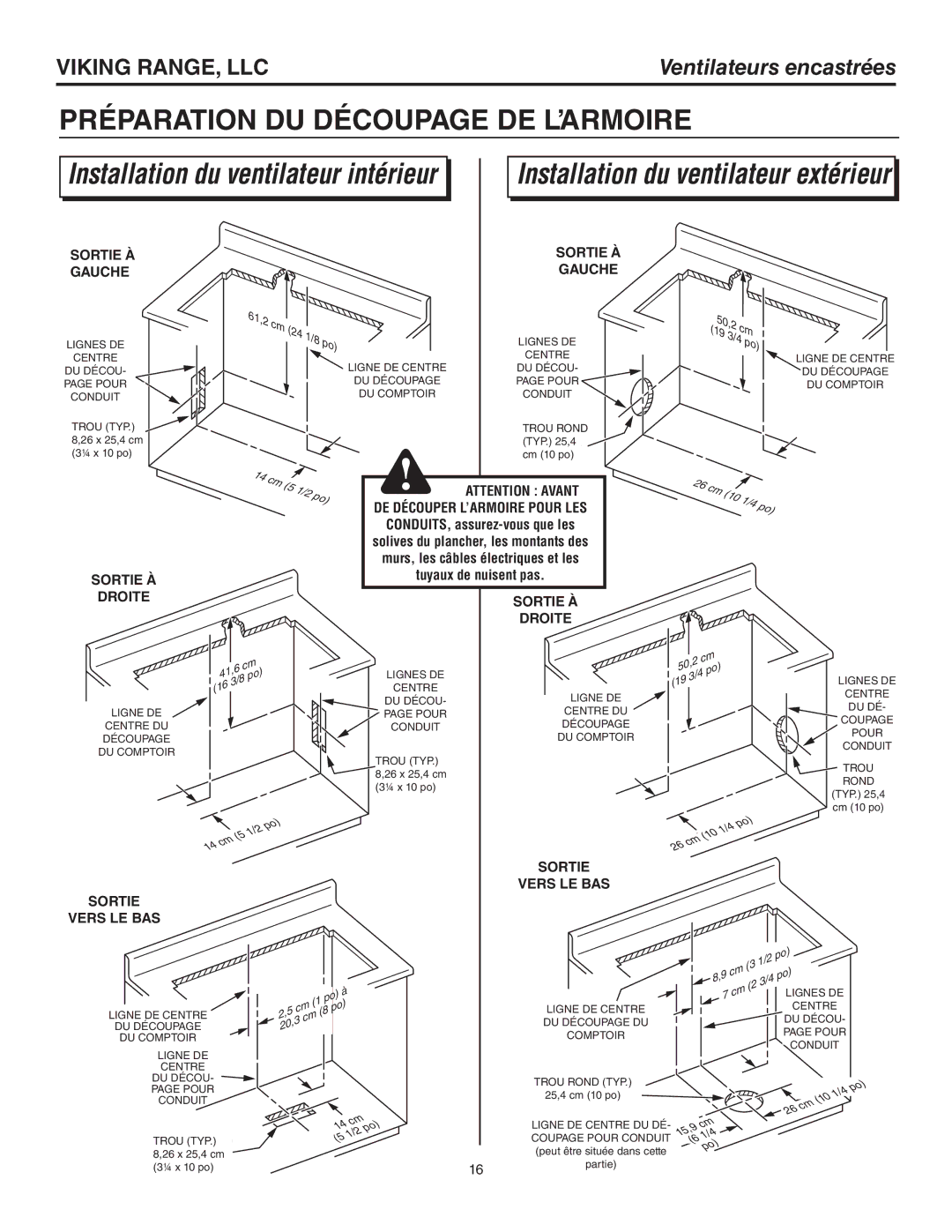 Viking CRVDD336R Installation du ventilateur intérieur, Sortie À Gauche, Sortie À Droite, DE Découper L’ARMOIRE Pour LES 