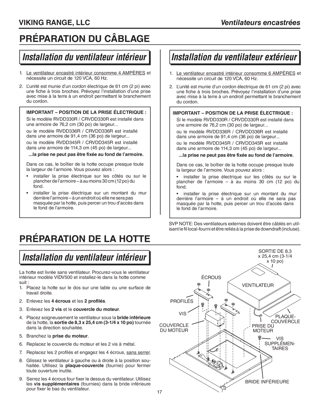 Viking CRVDD345R, RVDD336R Préparation DU Câblage, Préparation DE LA Hotte, Important Position DE LA Prise ÉLECTRIQUE  