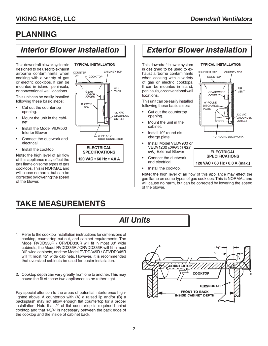 Viking RVDD330R warranty Planning, Interior Blower Installation Exterior Blower Installation, Take Measurements, All Units 